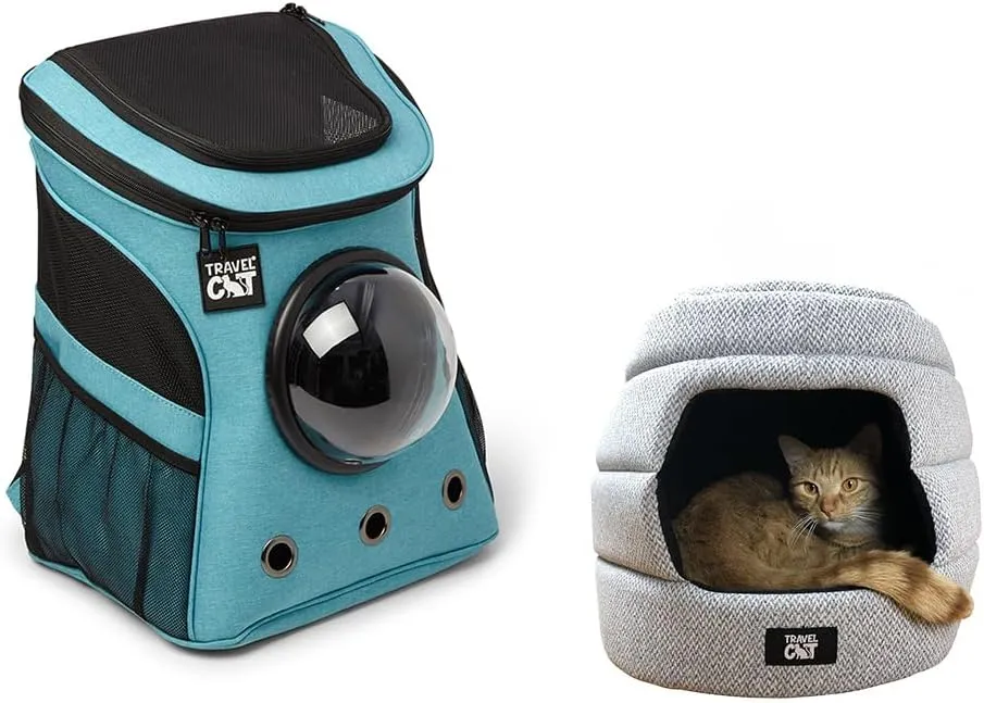 Fat Cat Backpack Carrier & Collapsible Hideaway Cat Bed Set  Airline Approved Carrier with Space Capsule Window and Cozy, Convertible Cat Cave for Travel and Home
