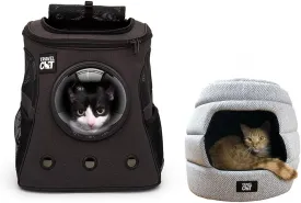 Fat Cat Backpack Carrier & Meowbile Cat House Set - Airline Approved Cat Carrier with Space Capsule Window & Cozy, Collapsible Hideaway Cat Bed for Travel and Home Use