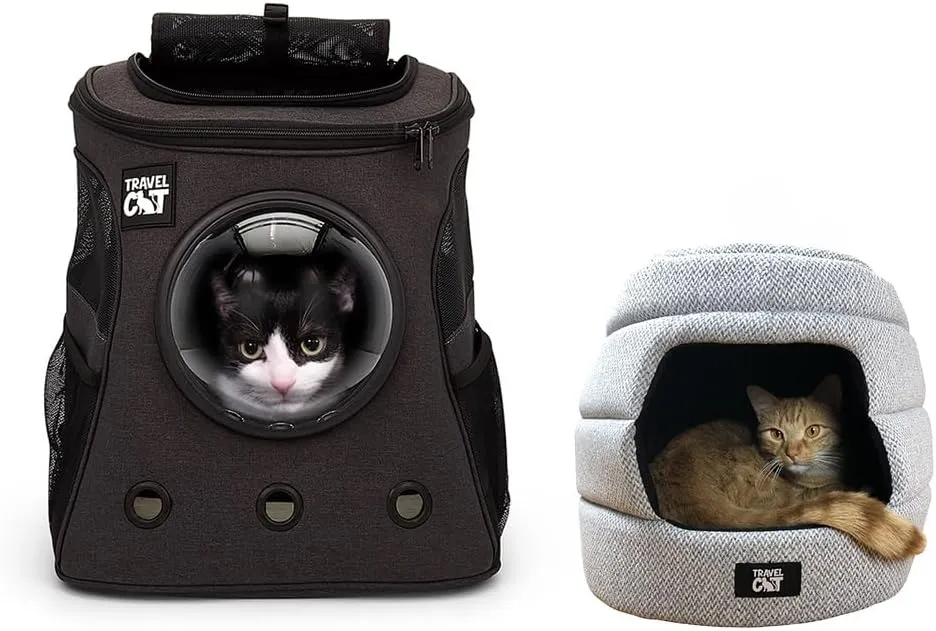 Fat Cat Backpack Carrier & Meowbile Cat House Set - Airline Approved Cat Carrier with Space Capsule Window & Cozy, Collapsible Hideaway Cat Bed for Travel and Home Use