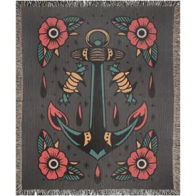 Floral Barbwire Anchor Traditional Tattoo Style Woven Fringe Blanket / / Wall tapestry, throw for sofa, maximalist decor, tattoo home decor