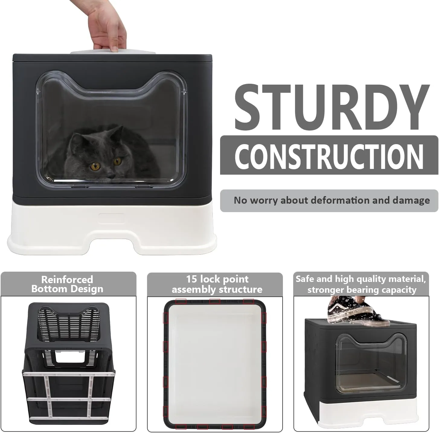 Foldable Cat Litter Box with Lid, Enclosed Potty, Large Top Entry Anti-Splashing Toilet, Easy to Clean Including Litter Scoop and 2-in-1 Cleaning Brush (Black)
