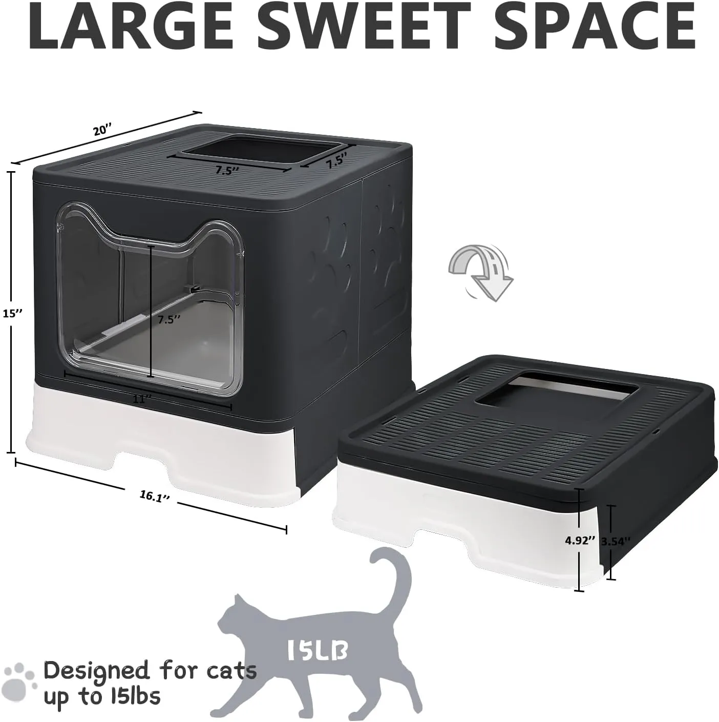 Foldable Cat Litter Box with Lid, Enclosed Potty, Large Top Entry Anti-Splashing Toilet, Easy to Clean Including Litter Scoop and 2-in-1 Cleaning Brush (Black)