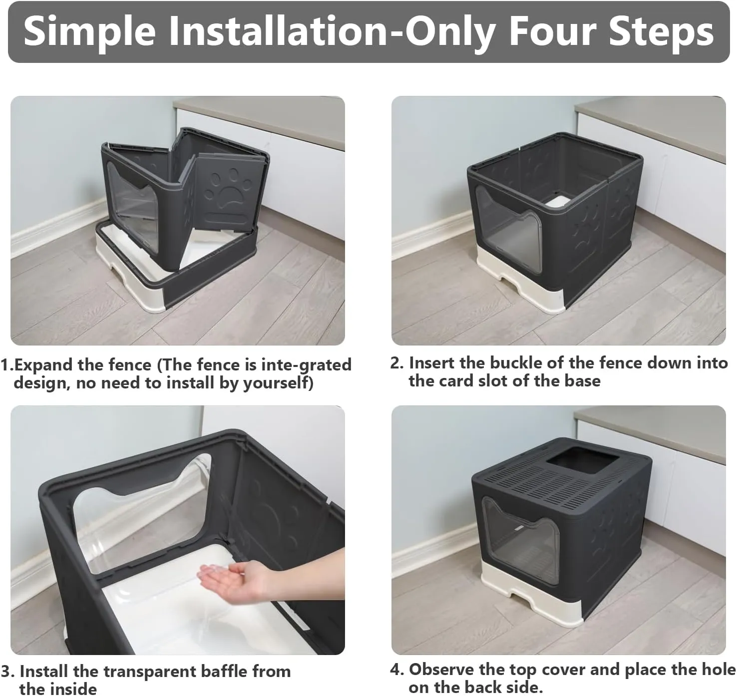 Foldable Cat Litter Box with Lid, Enclosed Potty, Large Top Entry Anti-Splashing Toilet, Easy to Clean Including Litter Scoop and 2-in-1 Cleaning Brush (Black)