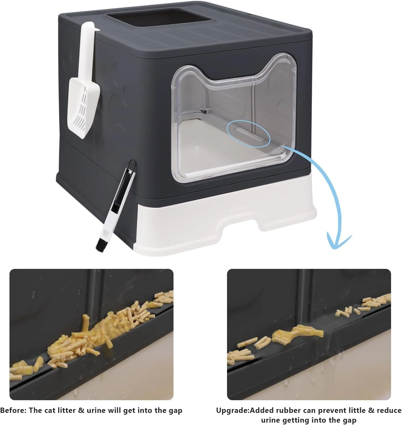 Foldable Cat Litter Box with Lid, Enclosed Potty, Large Top Entry Anti-Splashing Toilet, Easy to Clean Including Litter Scoop and 2-in-1 Cleaning Brush (Black)