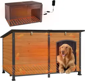 GUTINNEEN Heated Dog House Outdoor 59.1" Extra Large Dog Kennel with Metal Frame Insulated Dog Crate Cage for Large Dogs Outside with Heater and Insulated Liner, Brown