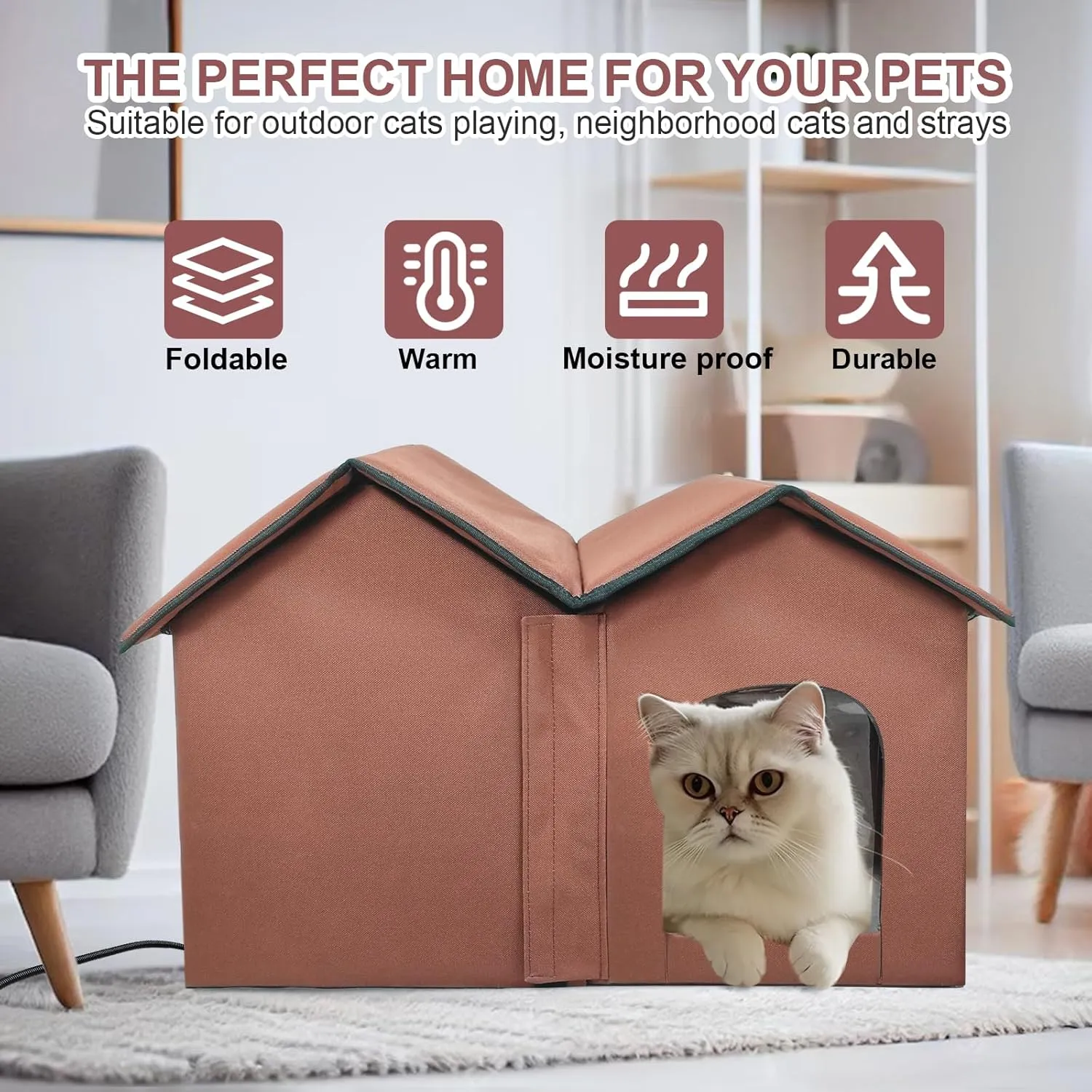 Heated Cat House with Intelligent Thermostat, Foldable Insulated Shelter for Indoor Outdoor Cats, Large Size with Double Room and 2 Doors, Removable Heating Pad Suit for All Seasons