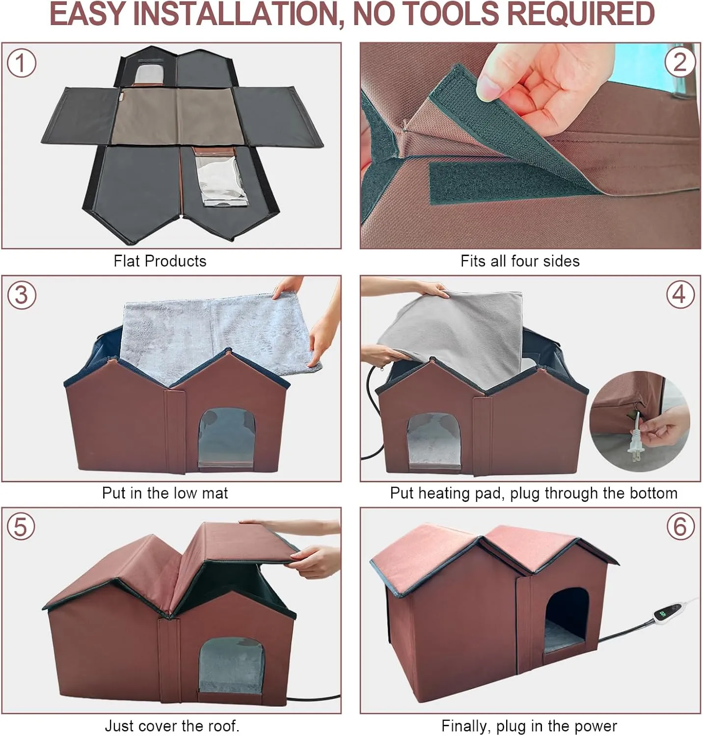 Heated Cat House with Intelligent Thermostat, Foldable Insulated Shelter for Indoor Outdoor Cats, Large Size with Double Room and 2 Doors, Removable Heating Pad Suit for All Seasons
