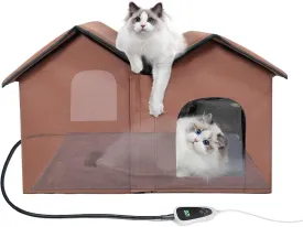 Heated Cat House with Intelligent Thermostat, Foldable Insulated Shelter for Indoor Outdoor Cats, Large Size with Double Room and 2 Doors, Removable Heating Pad Suit for All Seasons