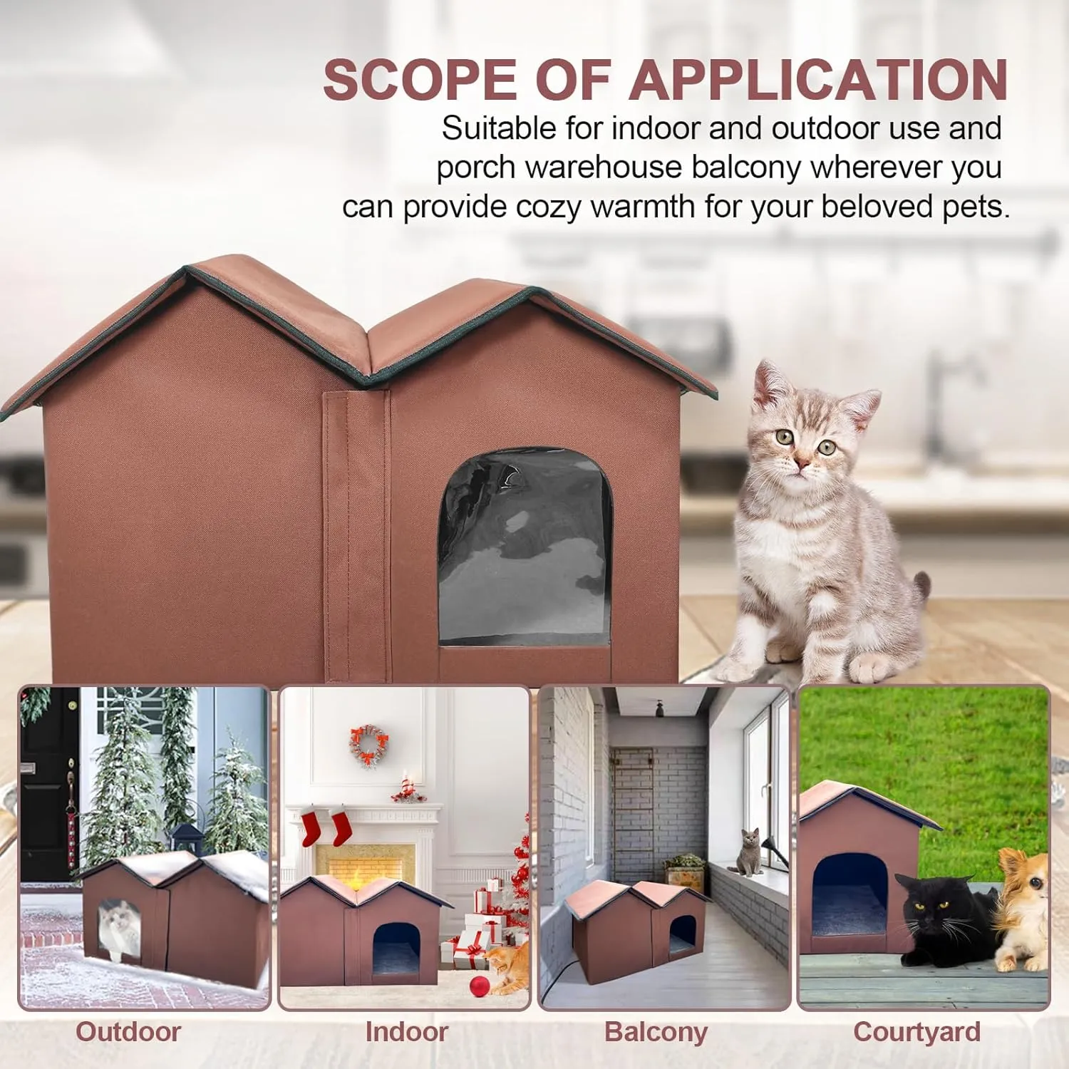 Heated Cat House with Intelligent Thermostat, Foldable Insulated Shelter for Indoor Outdoor Cats, Large Size with Double Room and 2 Doors, Removable Heating Pad Suit for All Seasons