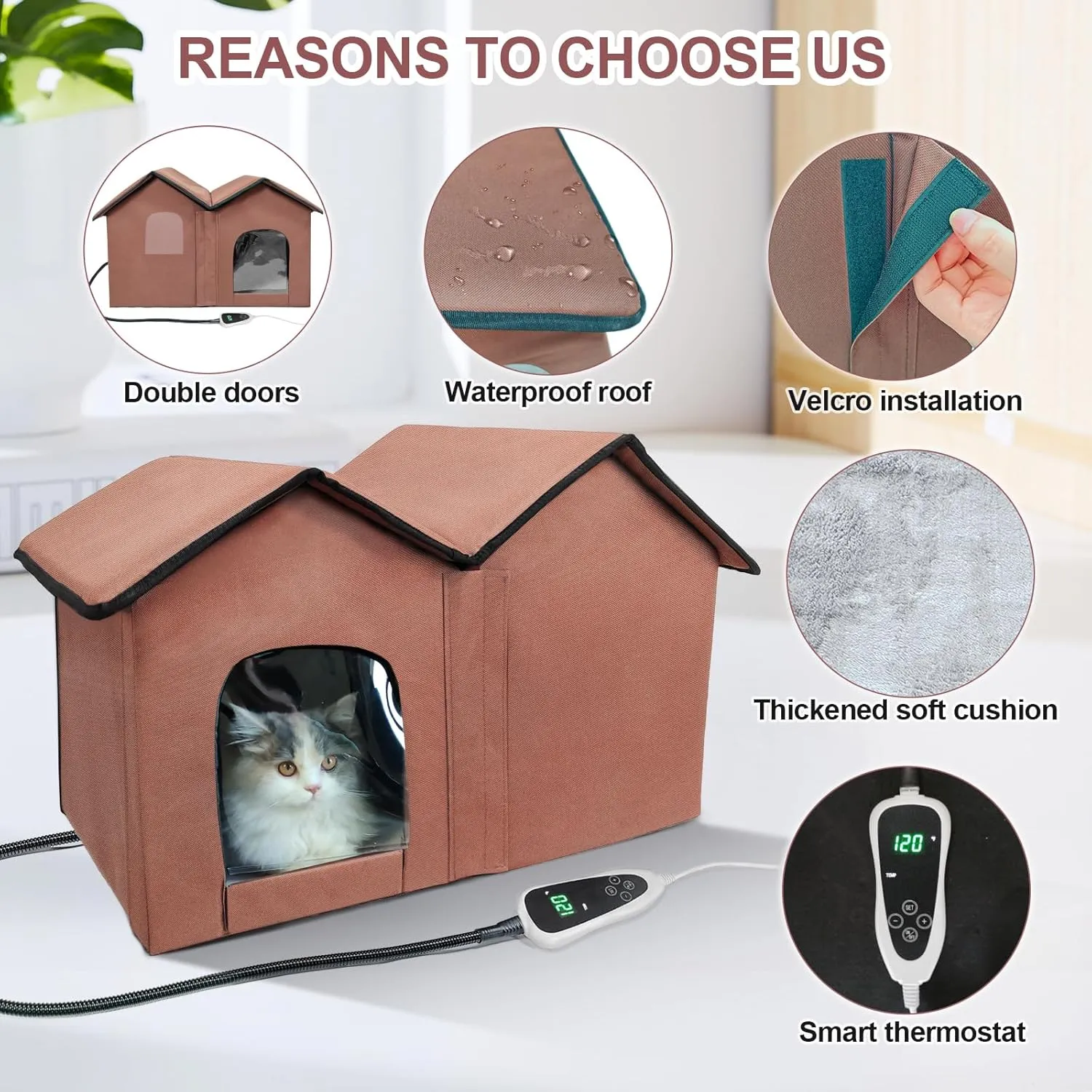 Heated Cat House with Intelligent Thermostat, Foldable Insulated Shelter for Indoor Outdoor Cats, Large Size with Double Room and 2 Doors, Removable Heating Pad Suit for All Seasons