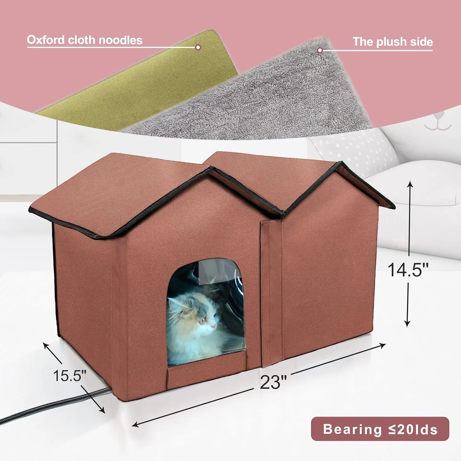 Heated Cat House with Intelligent Thermostat, Foldable Insulated Shelter for Indoor Outdoor Cats, Large Size with Double Room and 2 Doors, Removable Heating Pad Suit for All Seasons
