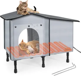 Heated Oxford Cloth Outdoor Cat House - Weatherproof Insulated, Elevated, Stray Cat House with Heating Pad Bed
