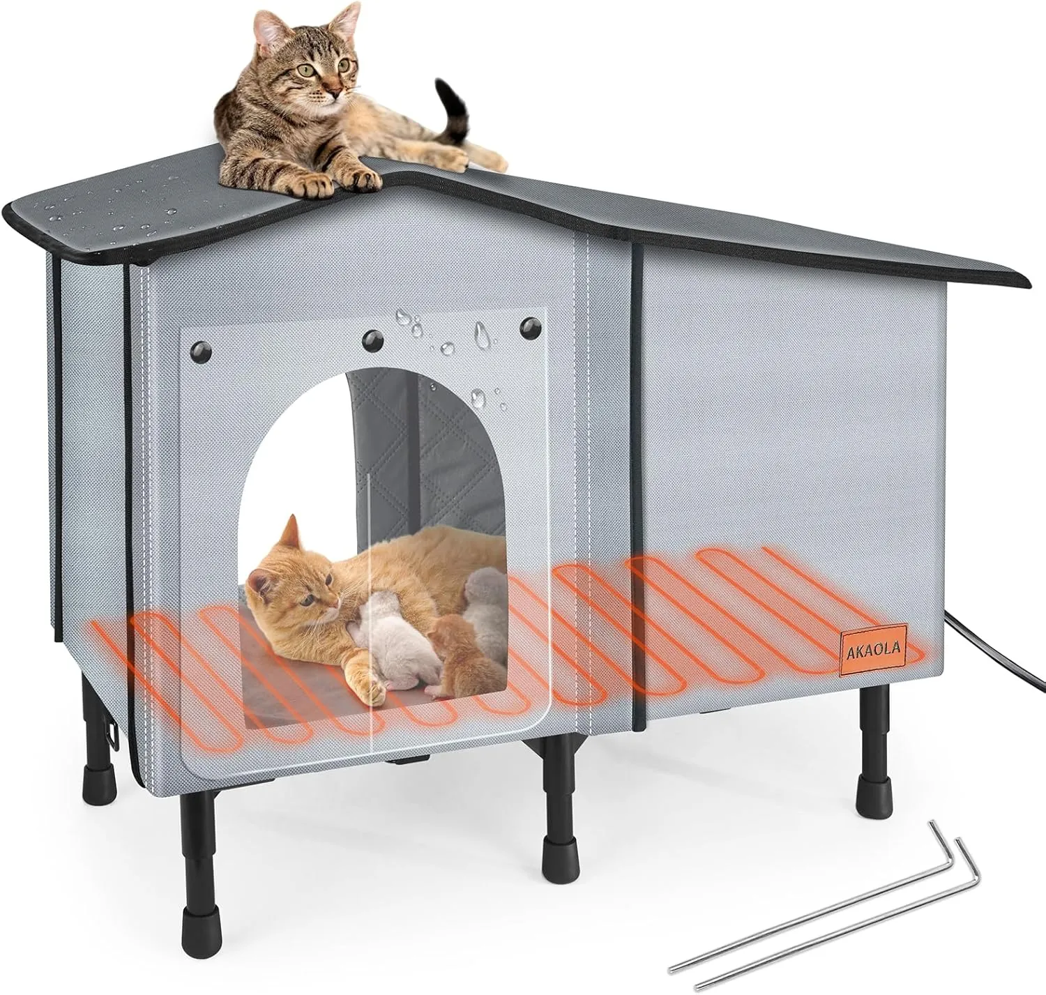 Heated Oxford Cloth Outdoor Cat House - Weatherproof Insulated, Elevated, Stray Cat House with Heating Pad Bed