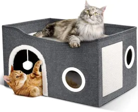 Heeyoo Cat House for Indoor Cats - Large Cat Bed Cave with Fluffy Ball and Scratch Pad, Foldable Cat Houses & Condos, Cat Cubes, Cat Hideaway, Covered Cat Bed for Multi Small Pet Large Kitty