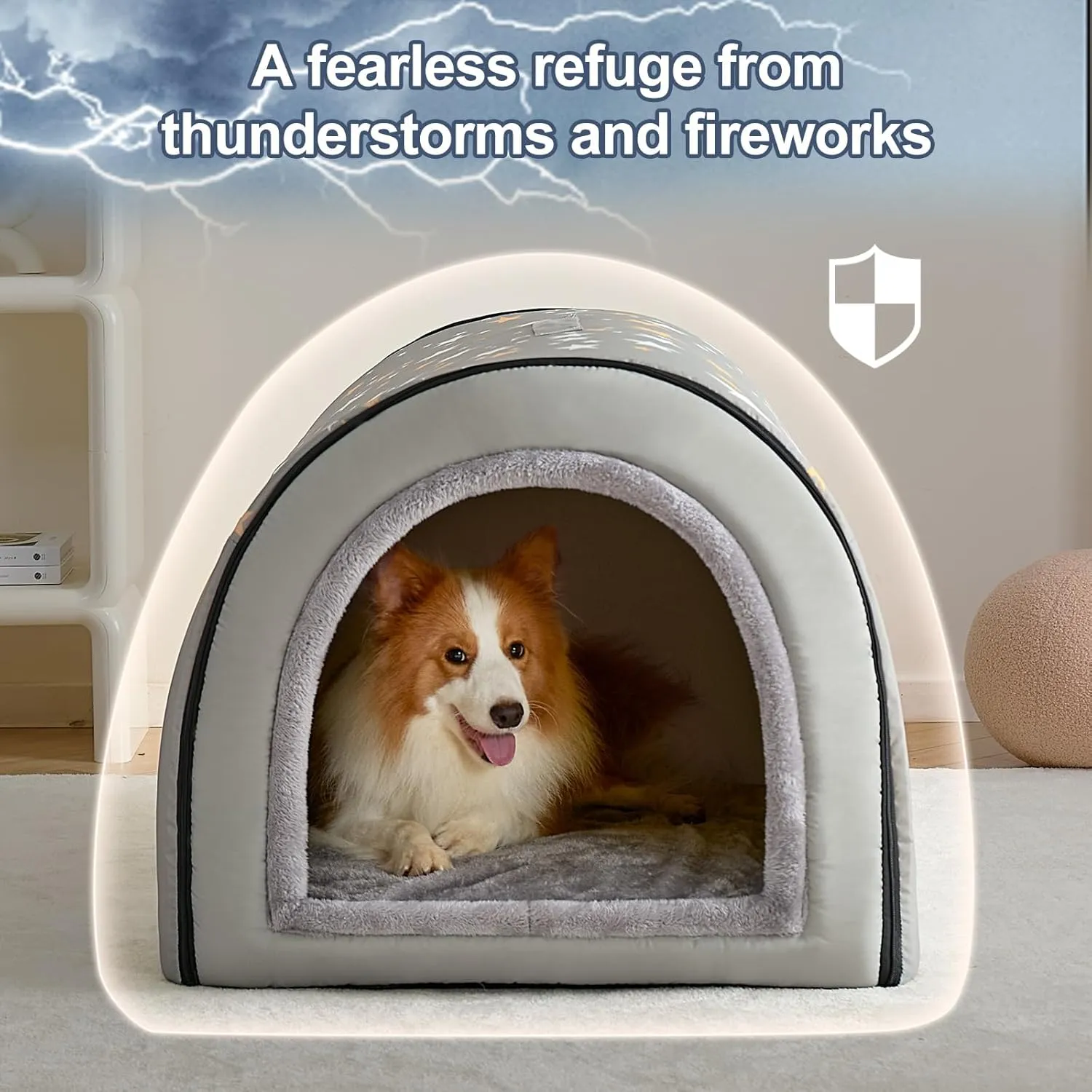 Jiupety 2 in 1 Dog House Indoor, Comfy Cave Bed Covered Dog Bed, Portable House for Medium and Large Dogs, 2XL(35"27"26"), Up to 70 Lb, Grey