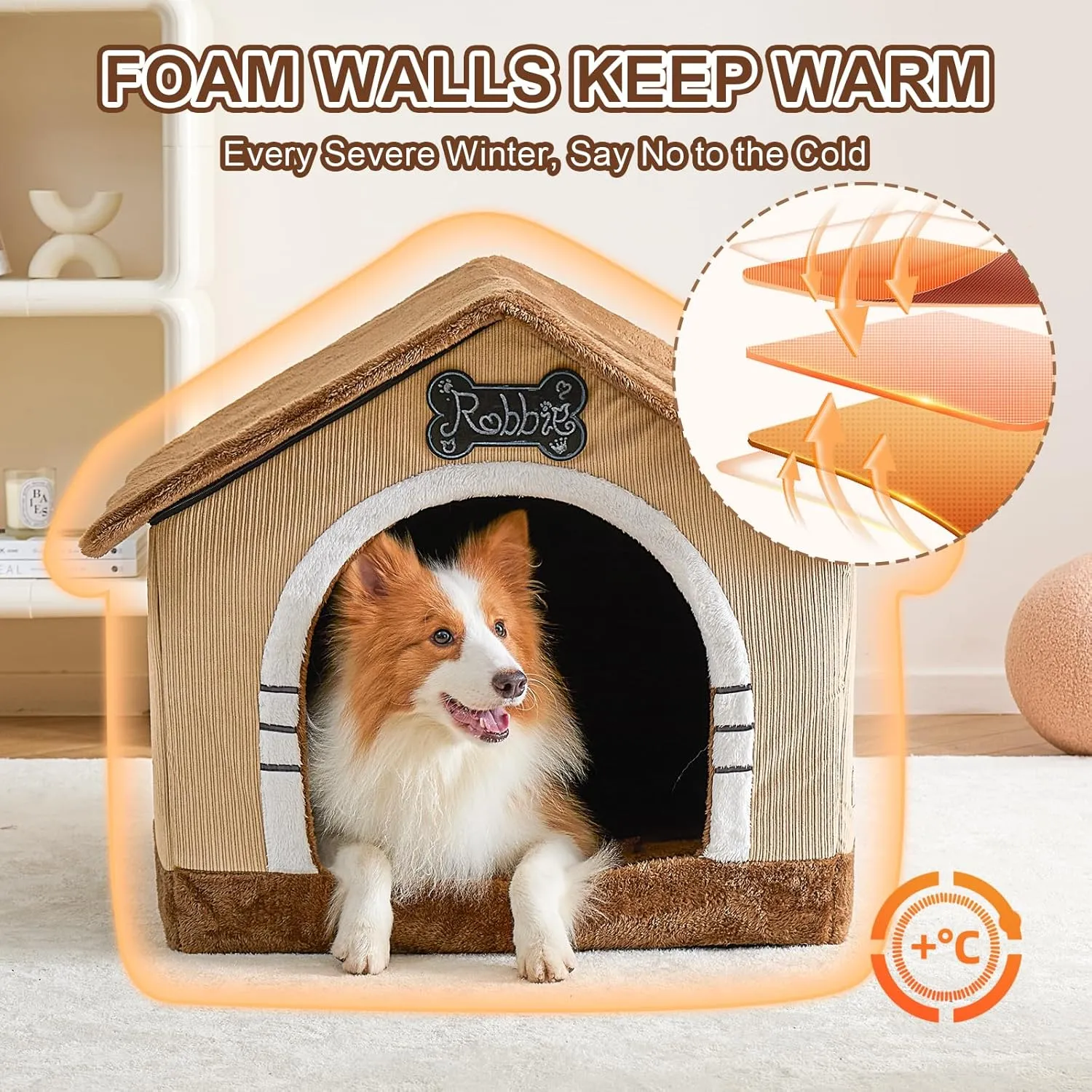 Jiupety Indoor Dog House with Frame, Large Dog Cave Bed, Insulated Cozy, Suitable for 25-60 lb, Large Plus (30"26"25"), Brown