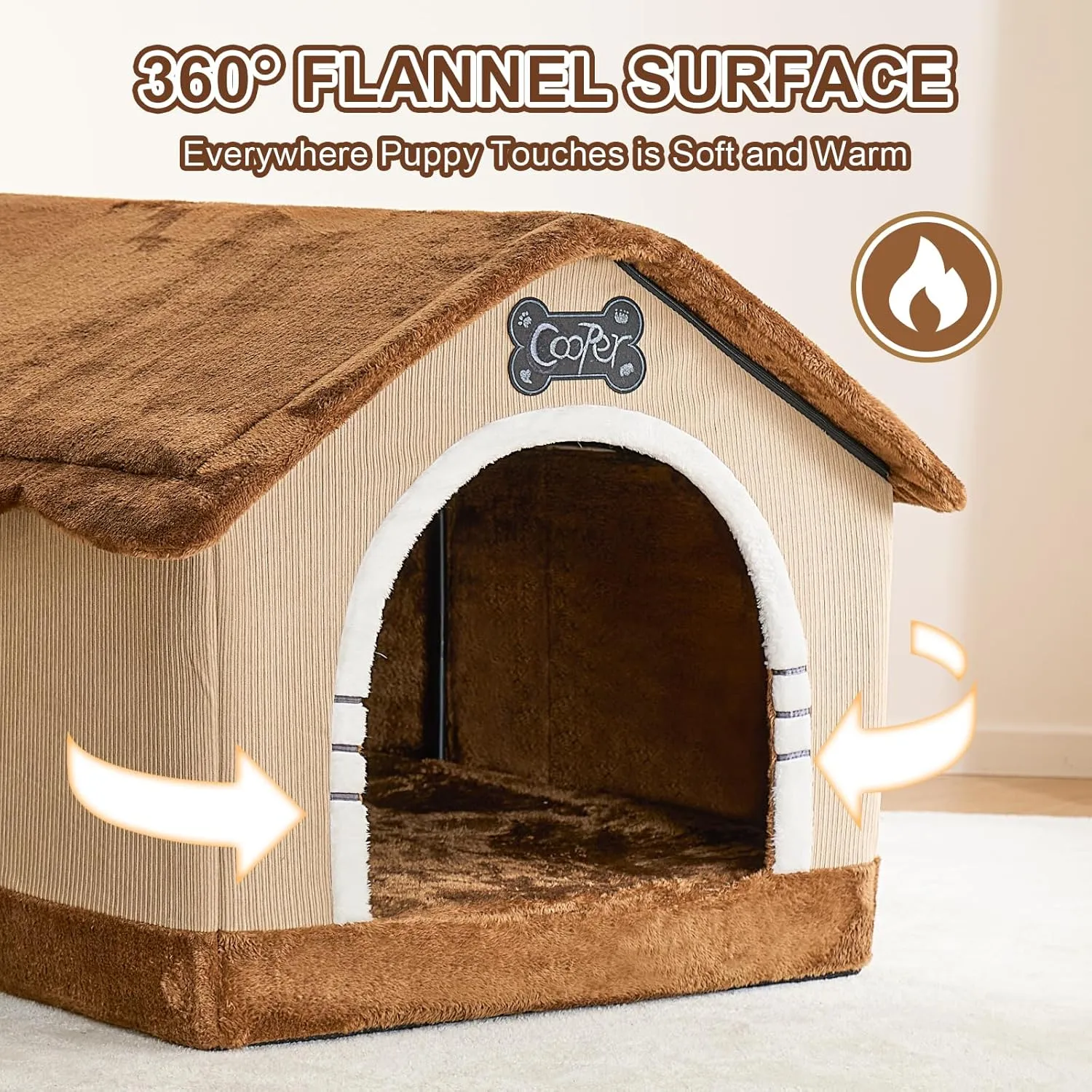 Jiupety Indoor Dog House with Frame, Large Dog Cave Bed, Insulated Cozy, Suitable for 25-60 lb, Large Plus (30"26"25"), Brown
