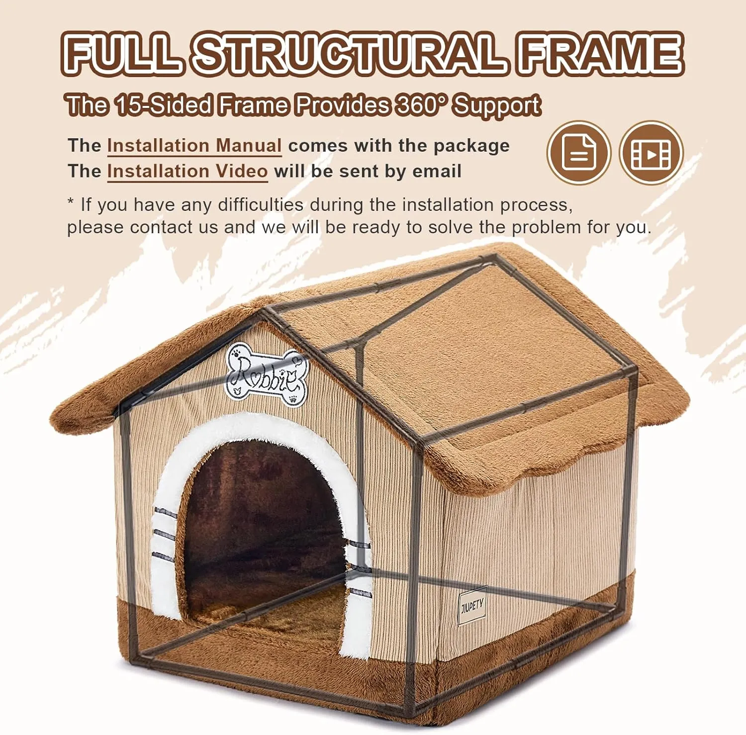Jiupety Indoor Dog House with Frame, Large Dog Cave Bed, Insulated Cozy, Suitable for 25-60 lb, Large Plus (30"26"25"), Brown