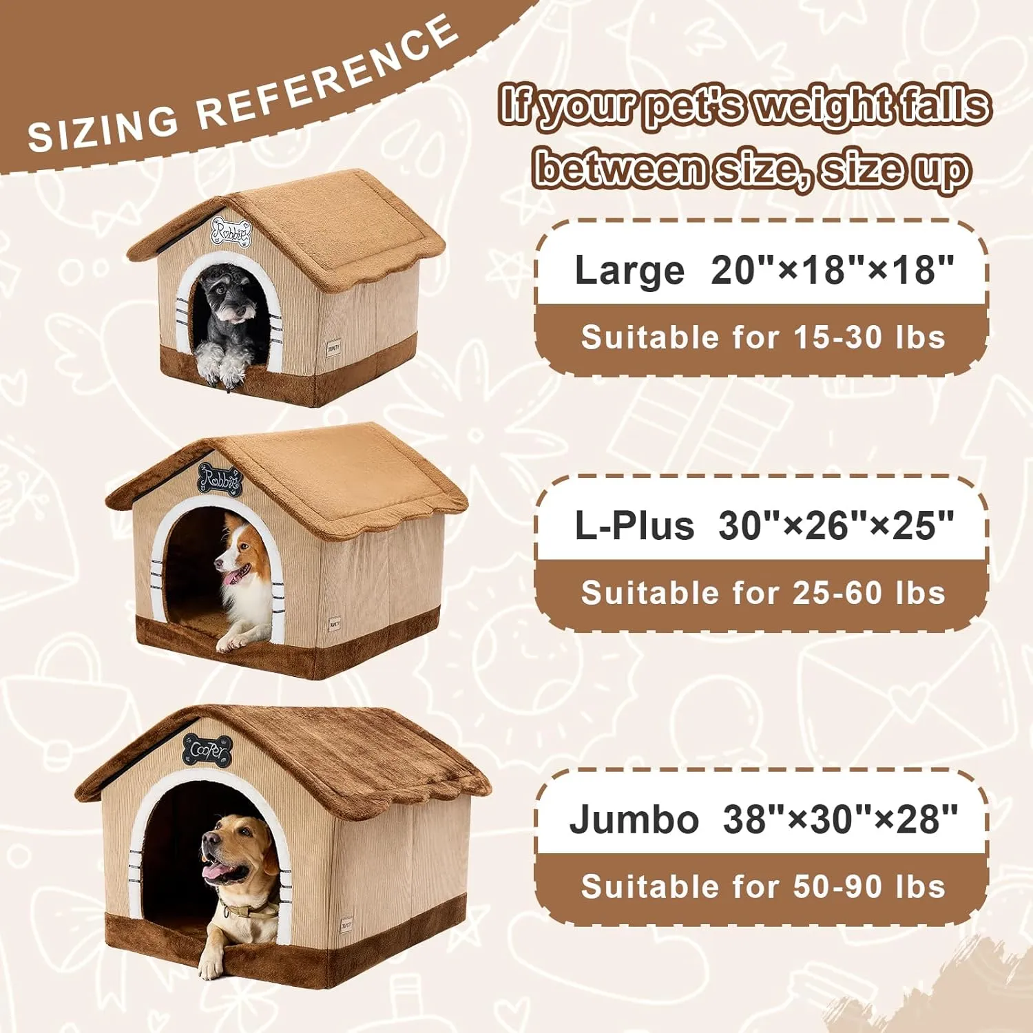 Jiupety Indoor Dog House with Frame, Large Dog Cave Bed, Insulated Cozy, Suitable for 25-60 lb, Large Plus (30"26"25"), Brown