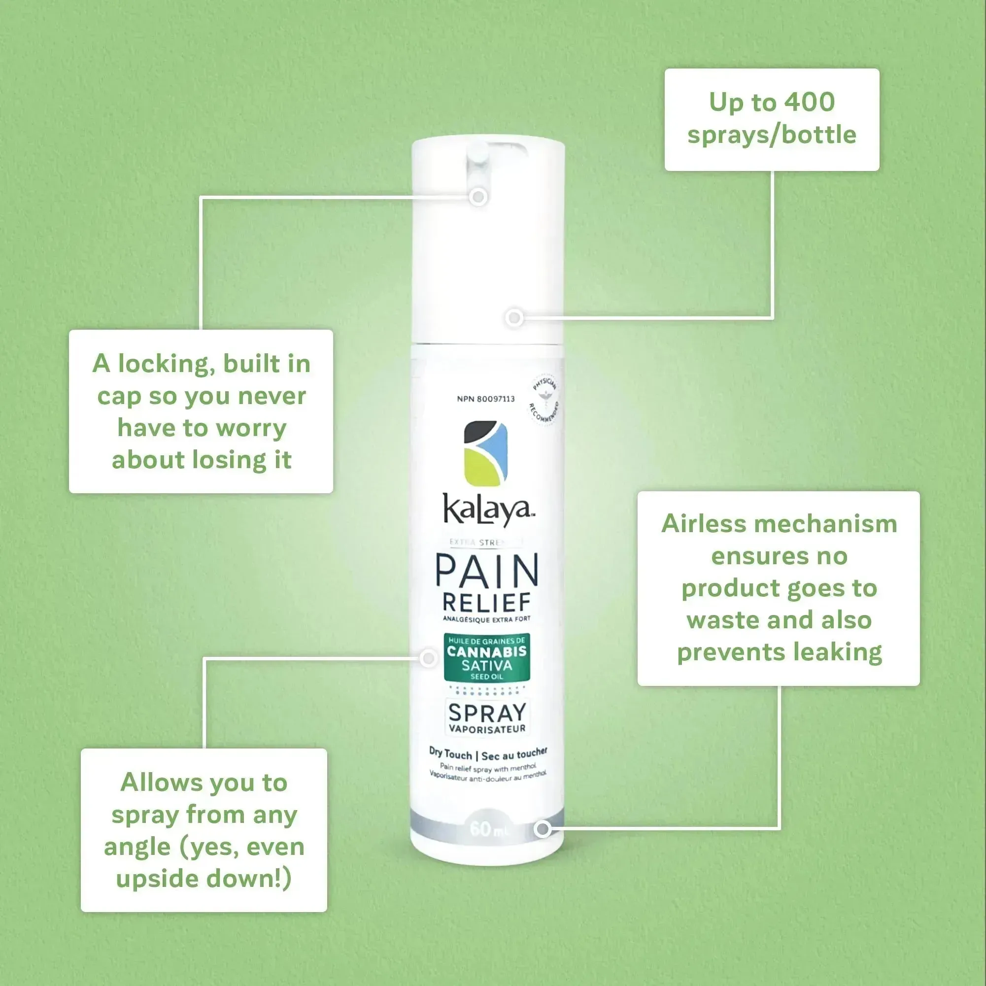 KaLaya Extra Strength Pain Relief Spray with Cannabis Sativa Seed Oil 60mL [Pack of 5]