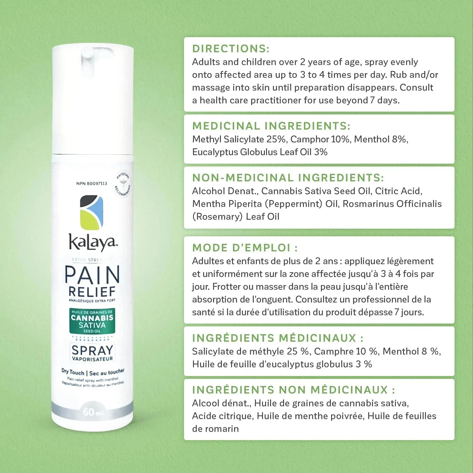 KaLaya Extra Strength Pain Relief Spray with Cannabis Sativa Seed Oil 60mL [Pack of 5]