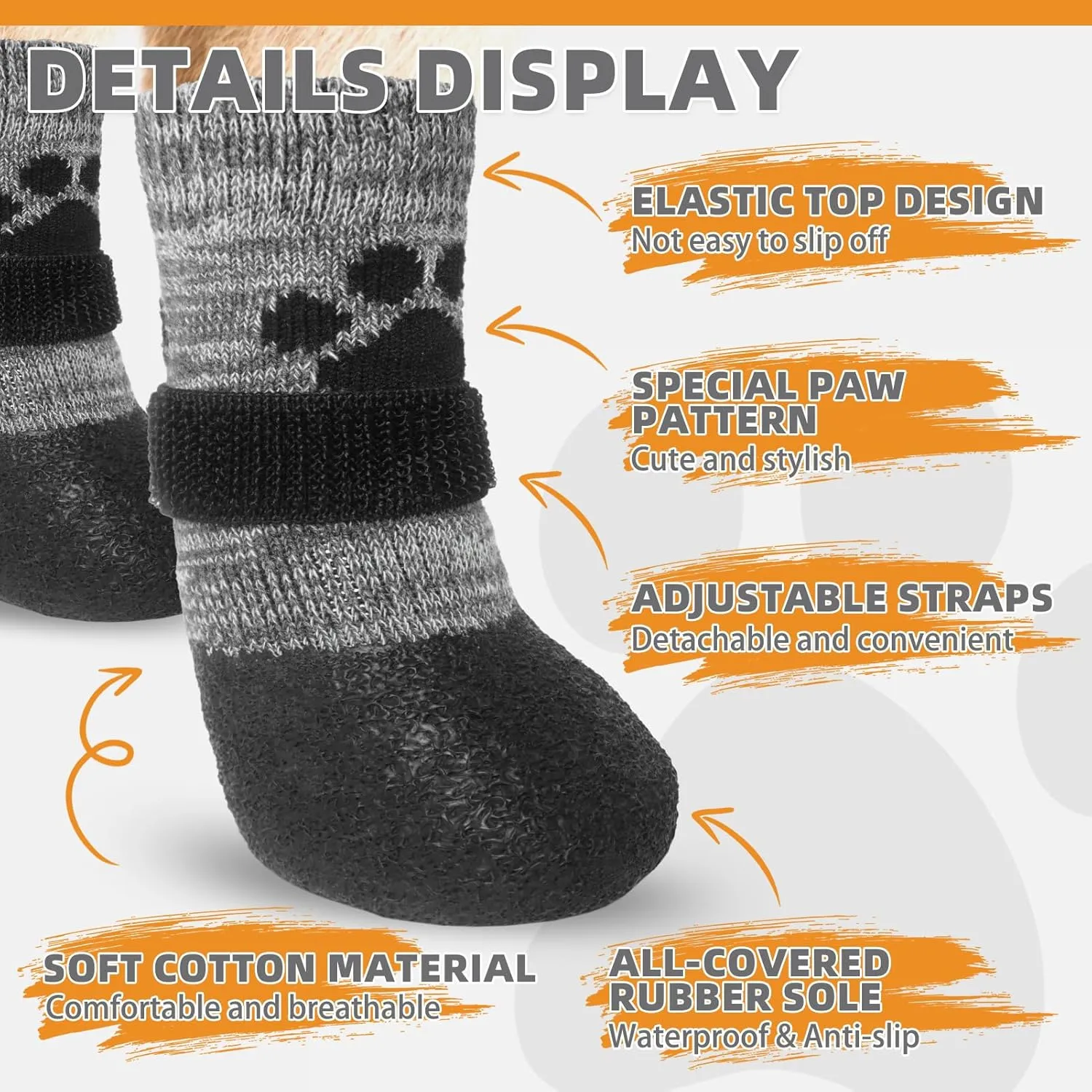 KOOLTAIL Dog Socks to Prevent Licking Paws for Hardwood Floors, Anti Slip Waterproof Dog Boots & Paw Protector Traction Shoes with Toe Grips for Small Medium Large Senior Dogs Grey L