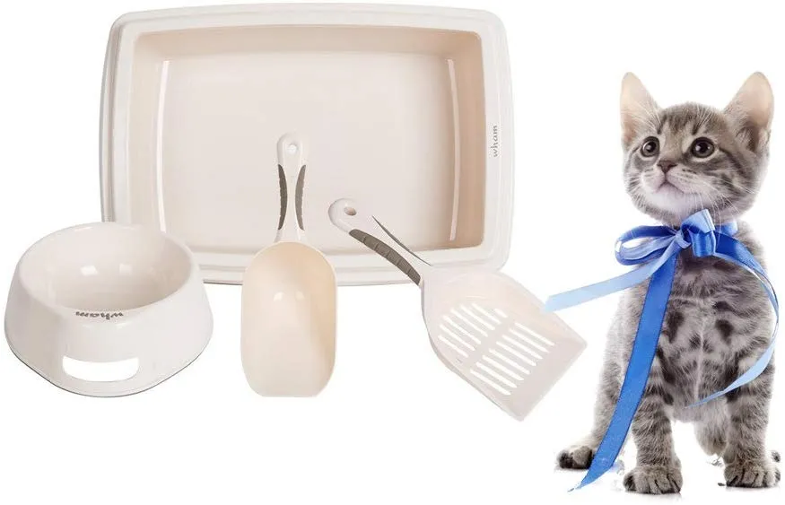 Large Cat Starter Kit 4PCS Set Includes Bowl,Shovel,Litter Tray and Spoon for Kitties