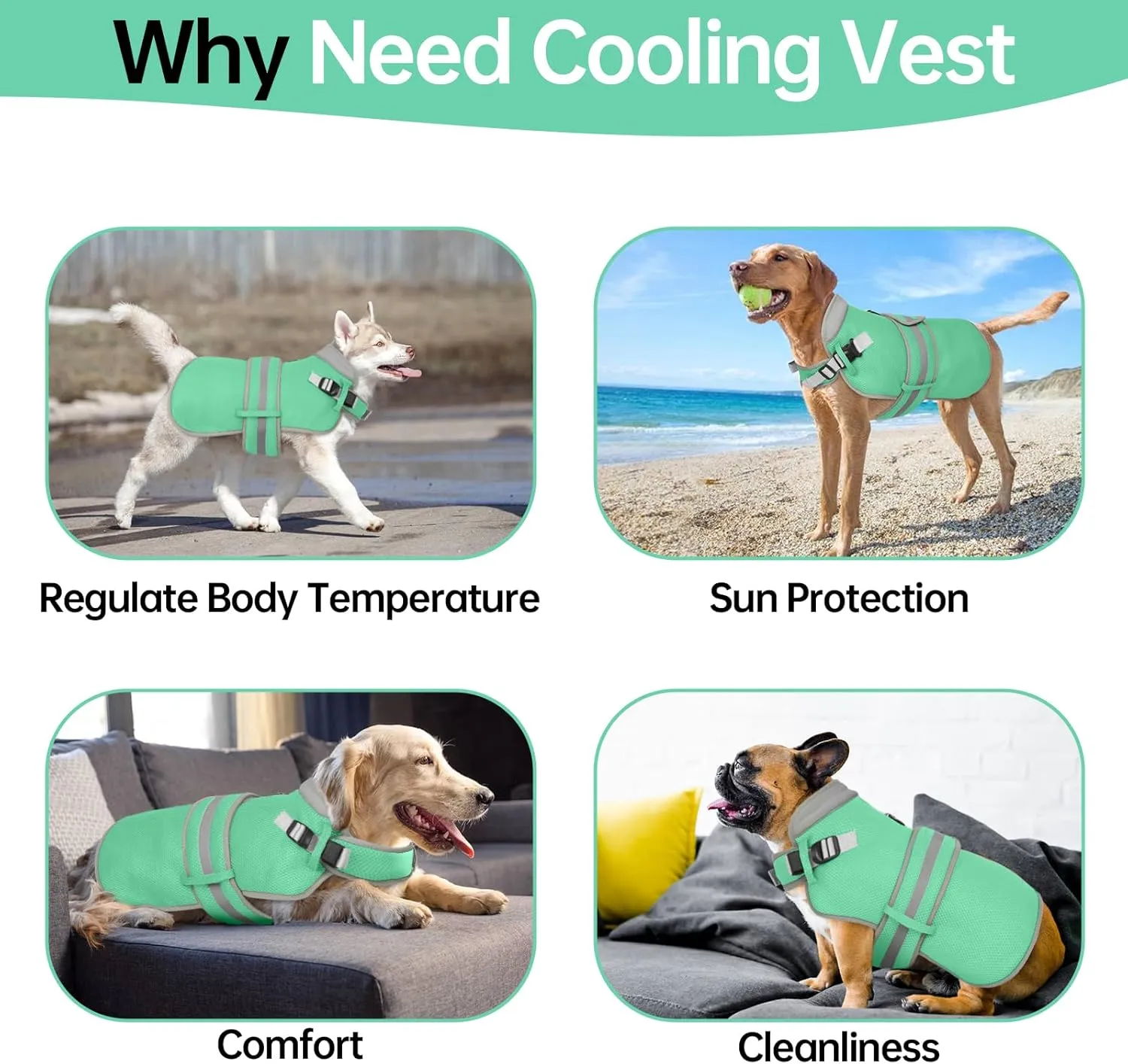 Lelepet Dog Cooling Vest for Large Dogs Lightweight Breathable Cooling Dog Vest with Adjustable Straps Summer Dogs Shirt Reflective Harness Vest with D-Rings for Hiking, Beach, Backyard, XXL, Green