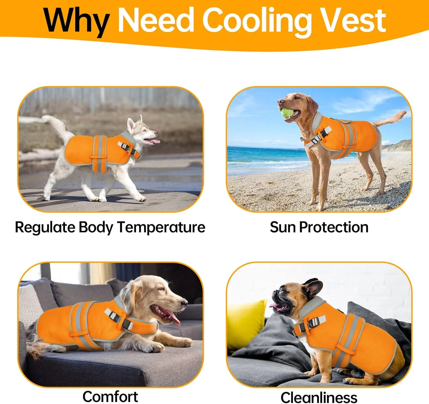 Lelepet Dog Cooling Vest for Large Dogs Lightweight Breathable Cooling Dog Vest with Adjustable Straps Summer Dogs Shirt Reflective Harness Vest with D-Rings for Hiking, Beach, Backyard, XXL, Orange