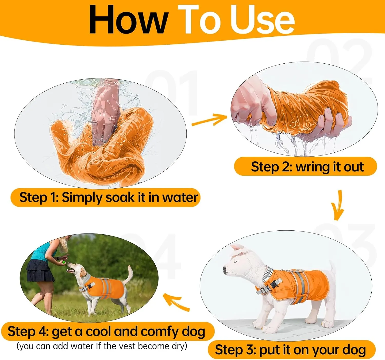 Lelepet Dog Cooling Vest for Large Dogs Lightweight Breathable Cooling Dog Vest with Adjustable Straps Summer Dogs Shirt Reflective Harness Vest with D-Rings for Hiking, Beach, Backyard, XXL, Orange