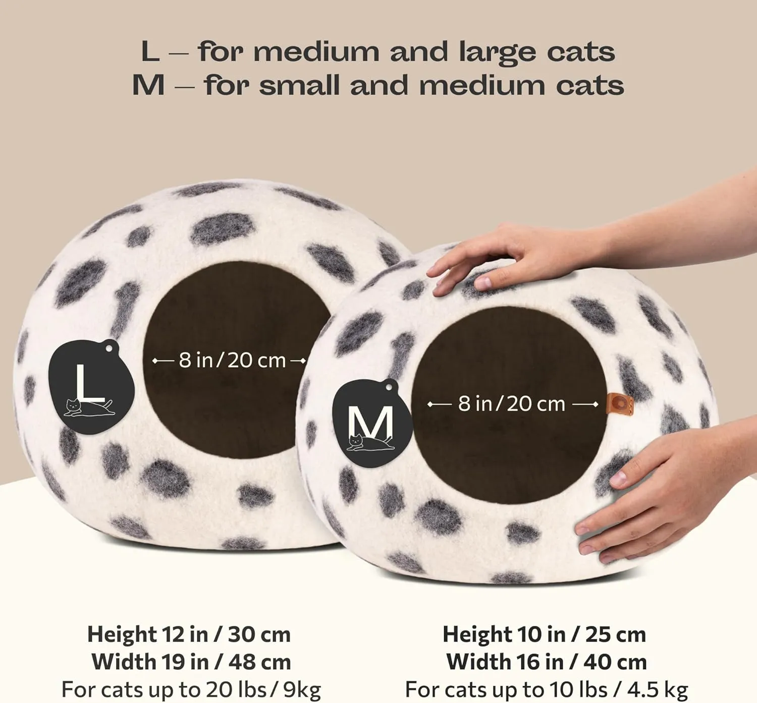 MEOWFIA Cat Cave  Premium Felt Cat Bed for Indoor Cats, Handmade 100% Merino Wool (Vivid Shades) (Large, Snow Leopard)