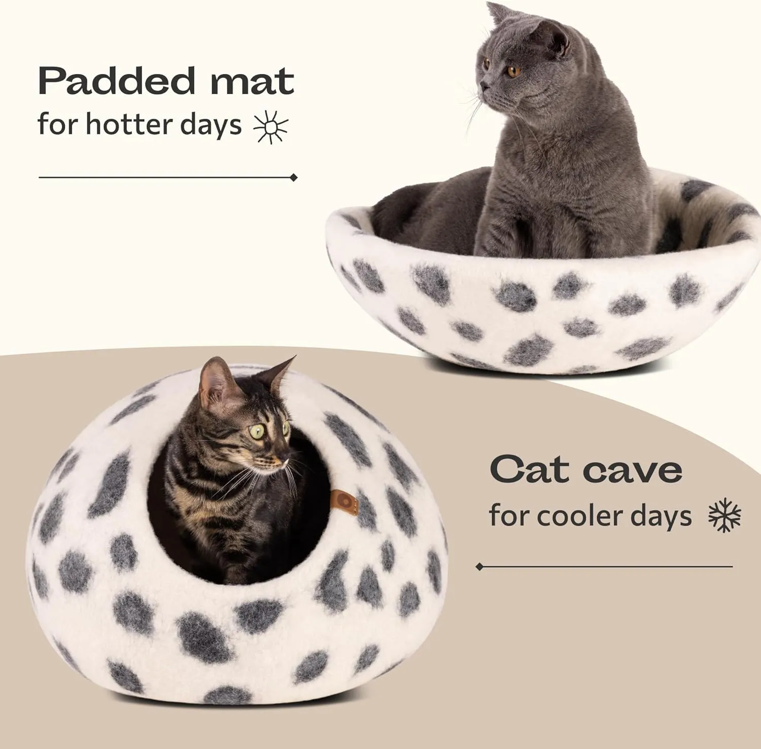 MEOWFIA Cat Cave  Premium Felt Cat Bed for Indoor Cats, Handmade 100% Merino Wool (Vivid Shades) (Large, Snow Leopard)