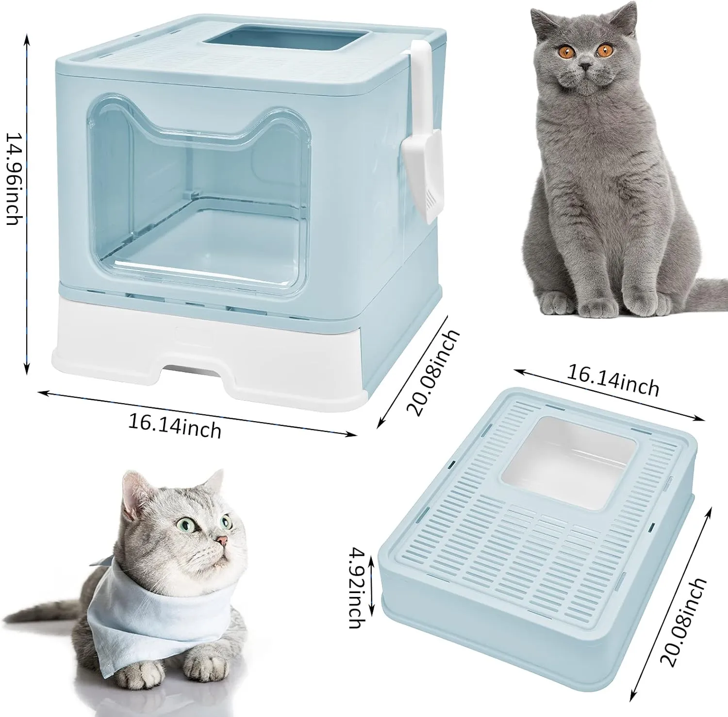Panghuhu88 Foldable Cat Litter Box with Lid, Large Top Entry Cat Toilet, Enclosed Cats Potty with Litter Scoop, Drawer Type Easy Clean Cats Litter Pan(Blue)