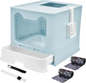 Panghuhu88 Foldable Cat Litter Box with Lid, Large Top Entry Cat Toilet, Enclosed Cats Potty with Litter Scoop, Drawer Type Easy Clean Cats Litter Pan(Blue)