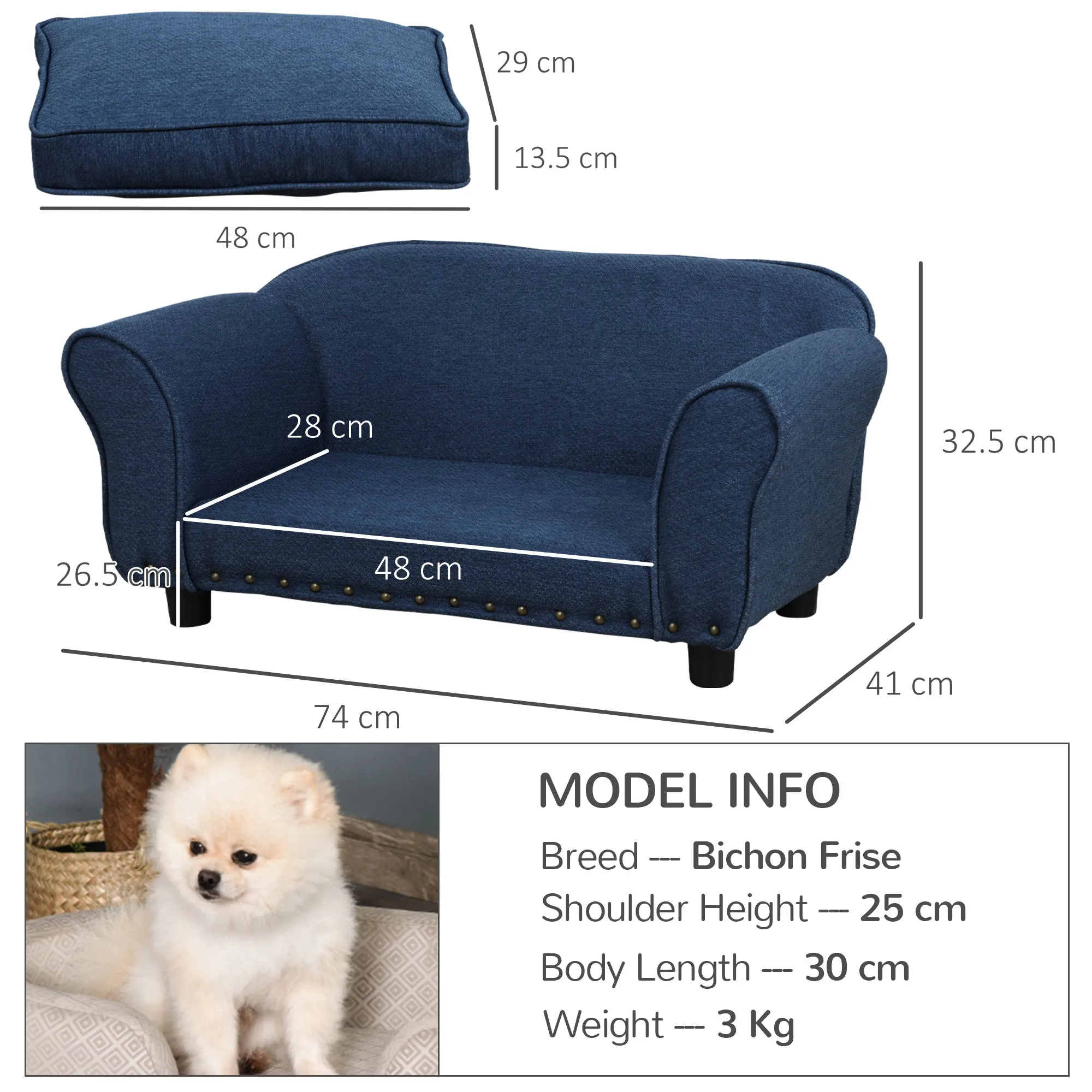 PawHut Dog Sofa Bed, Kitten Couch Chair w/ Soft Cushion, for Small Dogs - Blue