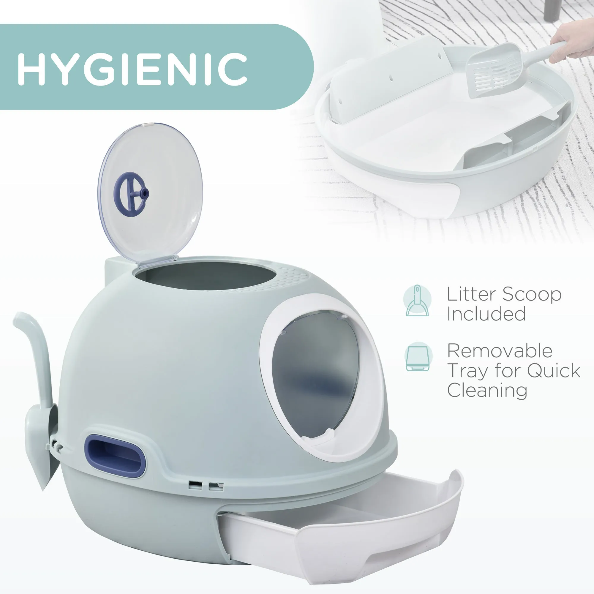 PawHut Futuristic Capsule-Shaped Cat Litter Box w/ 2 Doors Scoop Drawer Blue