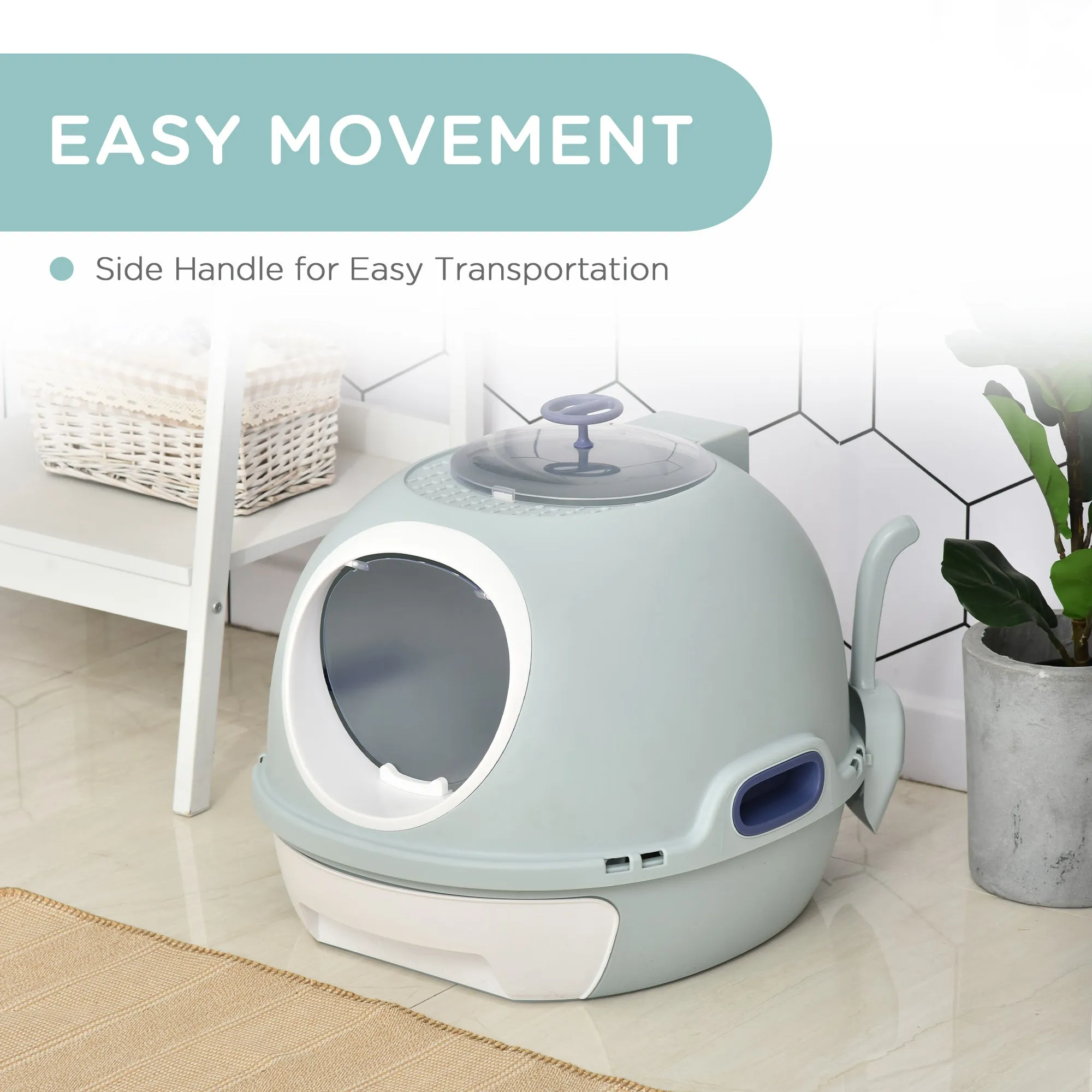 PawHut Futuristic Capsule-Shaped Cat Litter Box w/ 2 Doors Scoop Drawer Blue