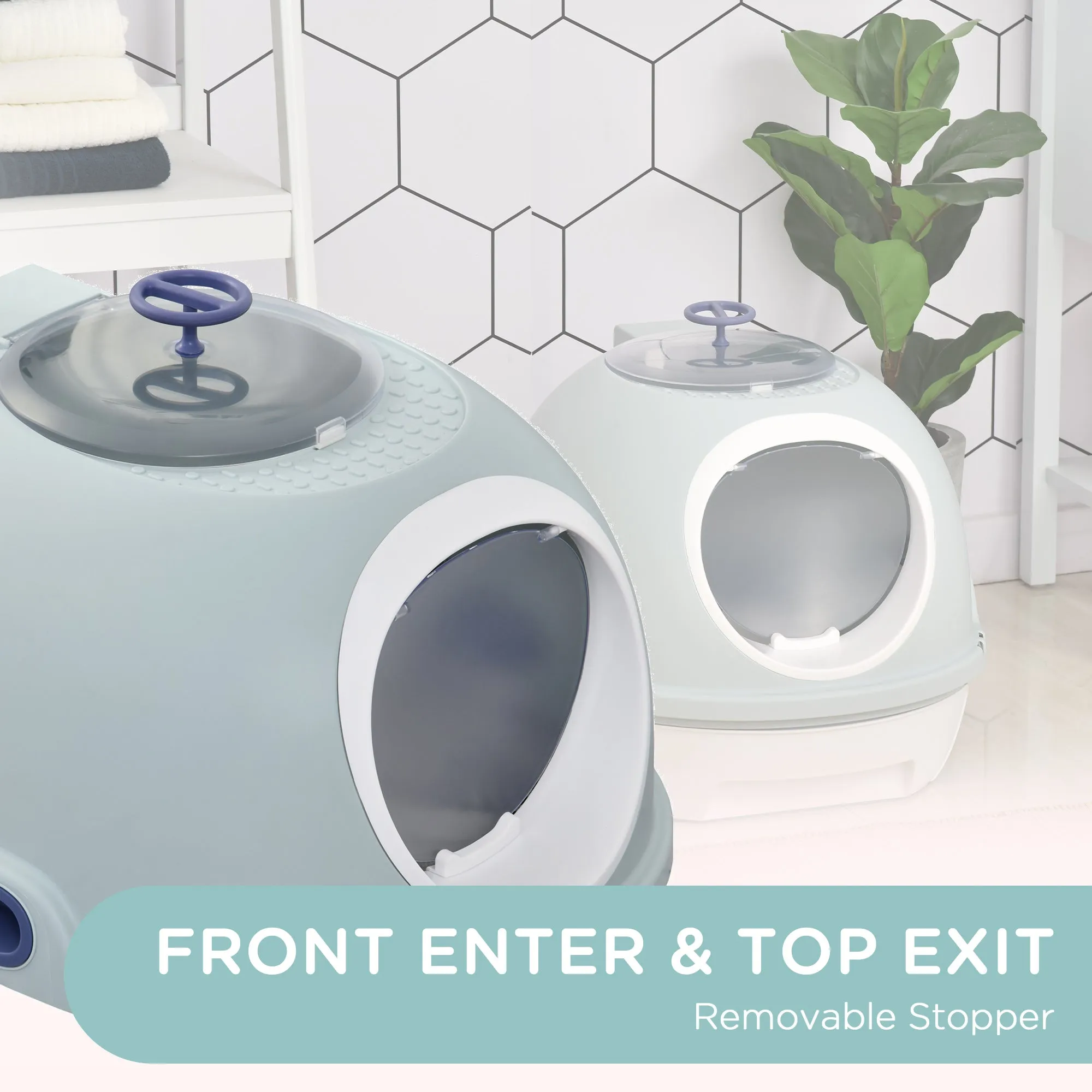 PawHut Futuristic Capsule-Shaped Cat Litter Box w/ 2 Doors Scoop Drawer Blue