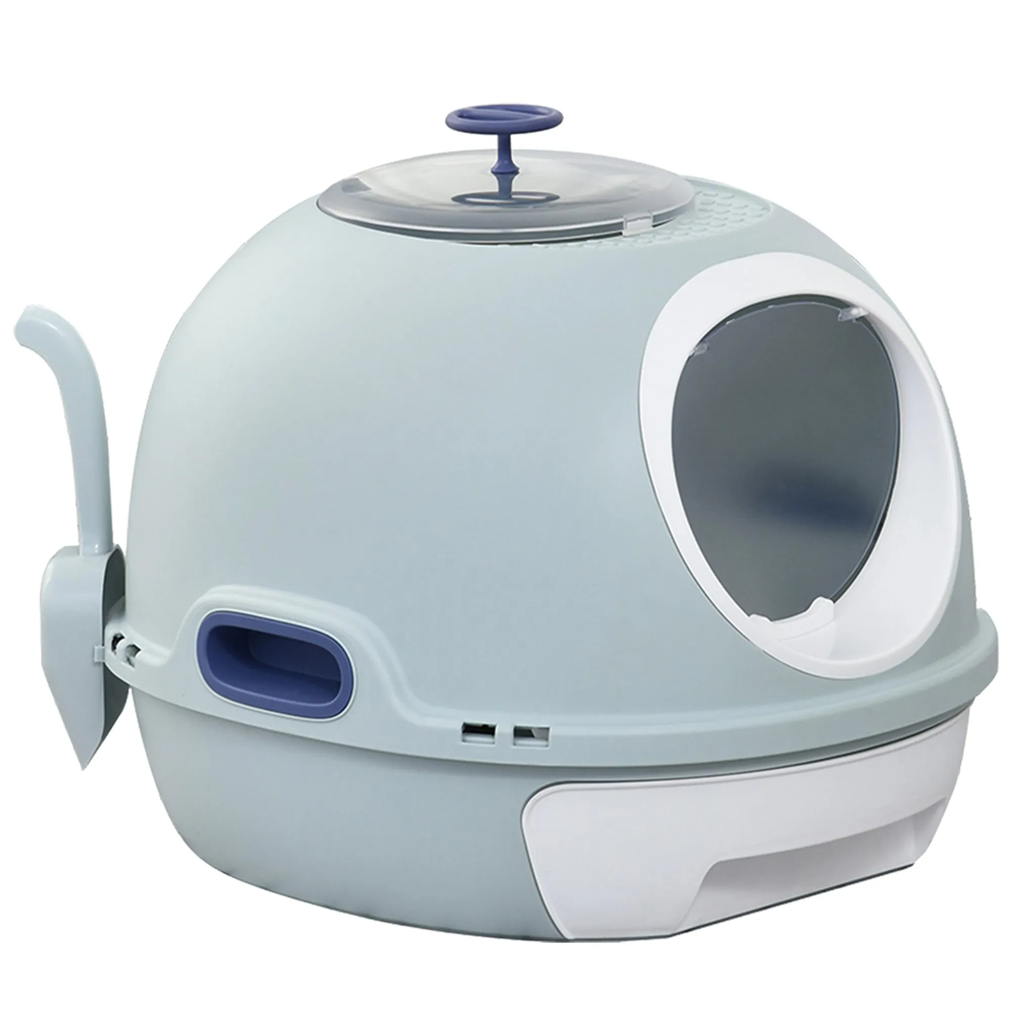 PawHut Futuristic Capsule-Shaped Cat Litter Box w/ 2 Doors Scoop Drawer Blue