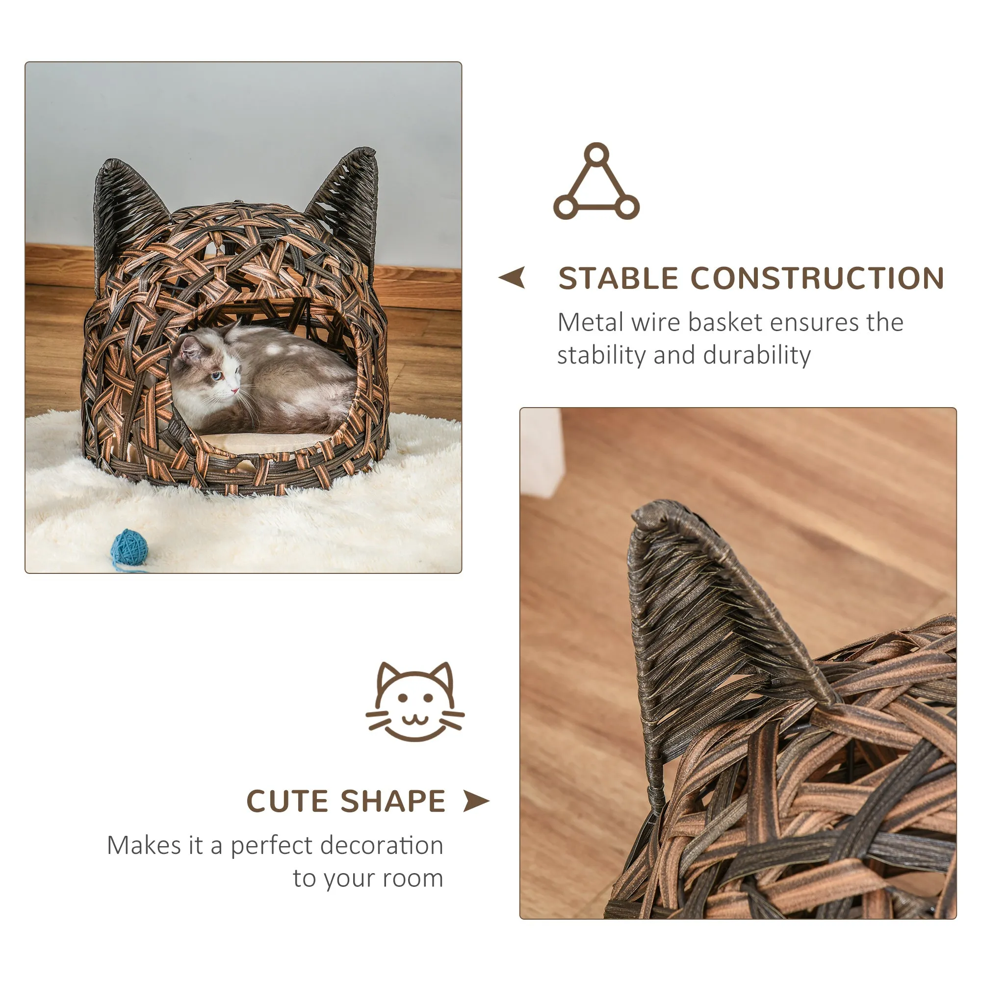 PawHut Wicker Cat Bed Elevated Rattan Kitten Basket Cozy Cave w/ Soft Cushion