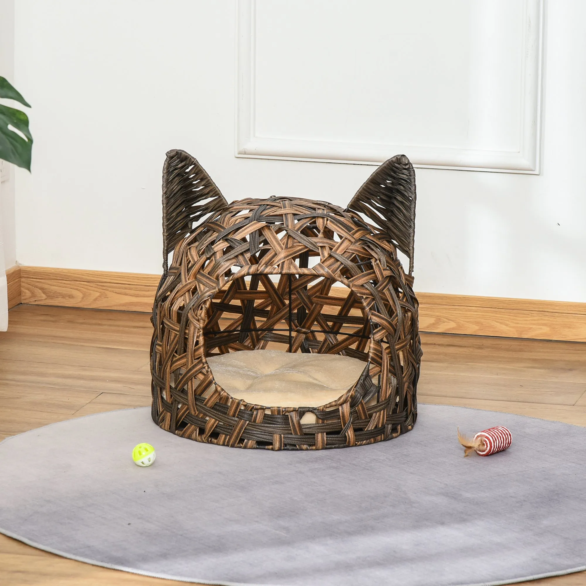 PawHut Wicker Cat Bed Elevated Rattan Kitten Basket Cozy Cave w/ Soft Cushion