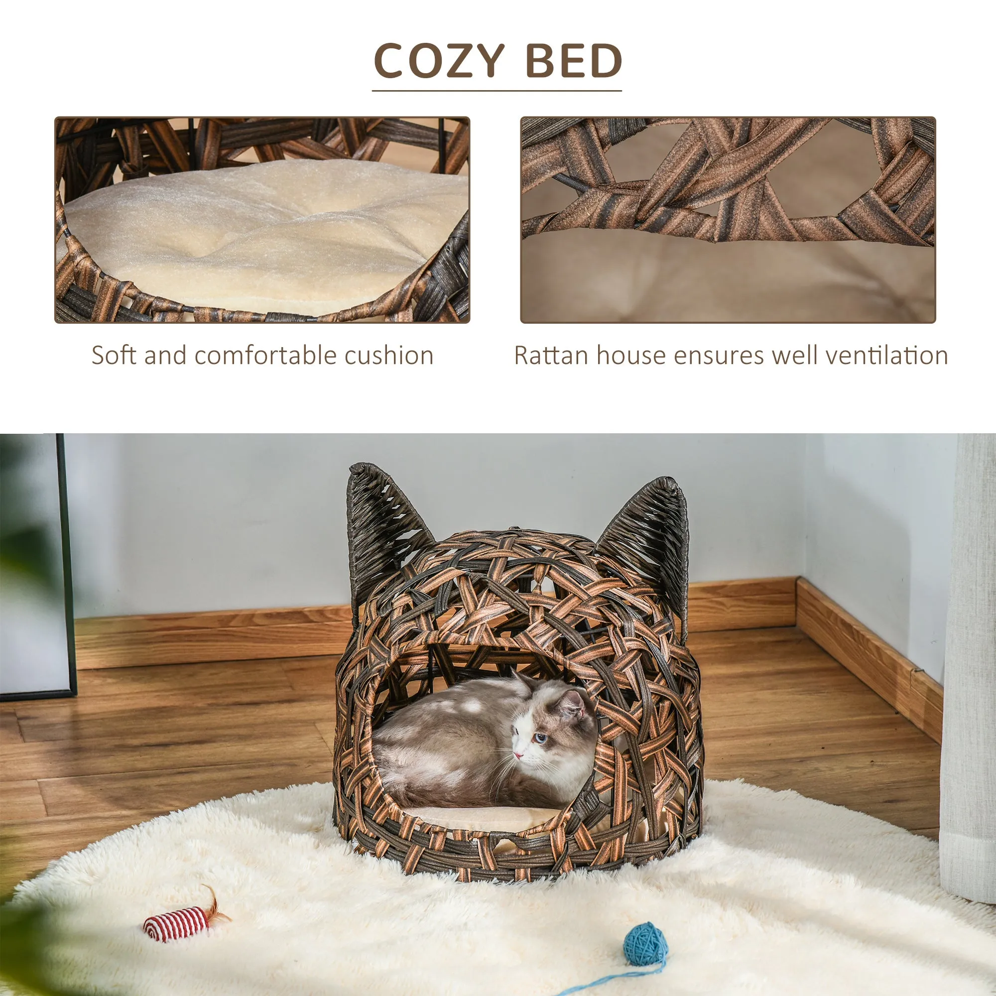 PawHut Wicker Cat Bed Elevated Rattan Kitten Basket Cozy Cave w/ Soft Cushion