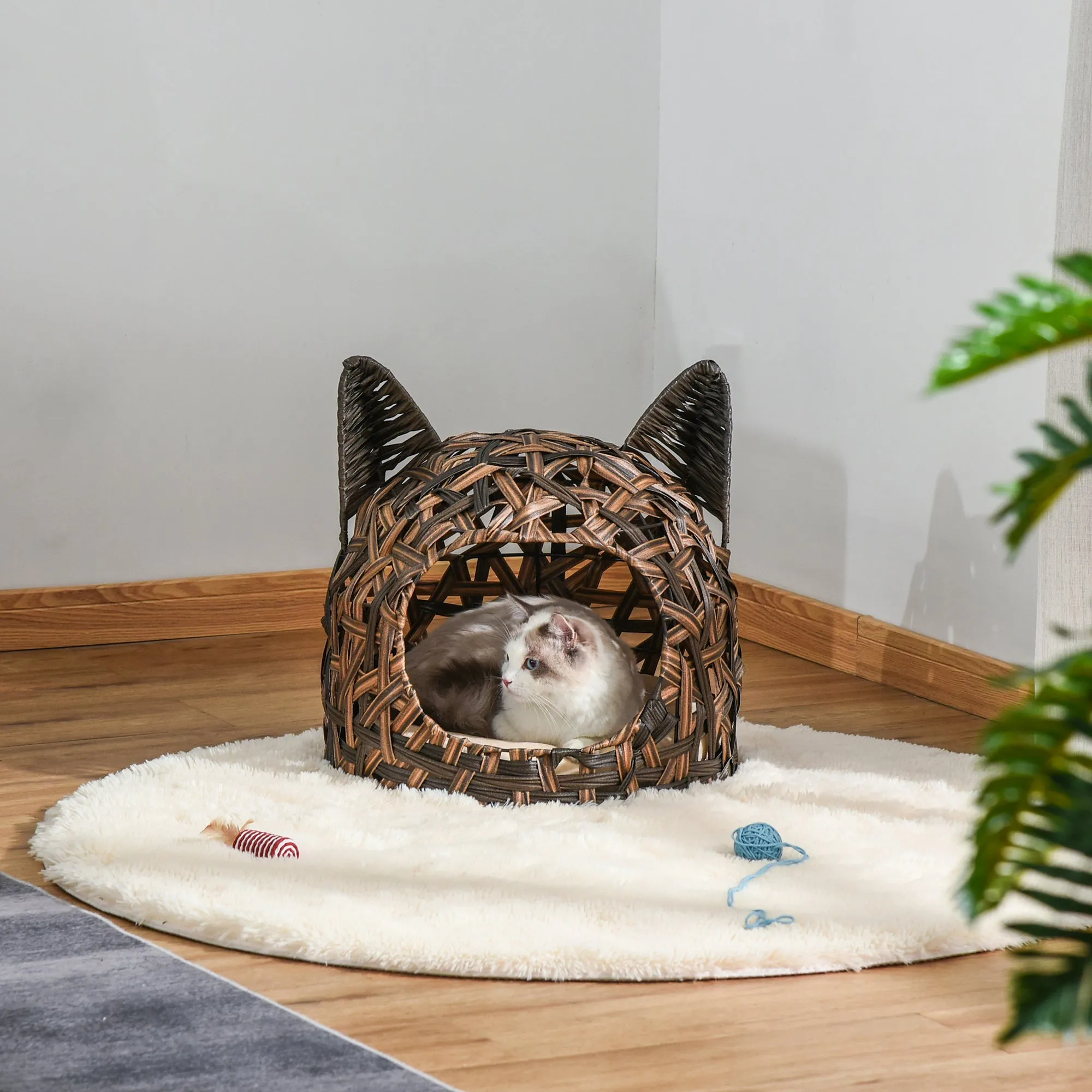 PawHut Wicker Cat Bed Elevated Rattan Kitten Basket Cozy Cave w/ Soft Cushion