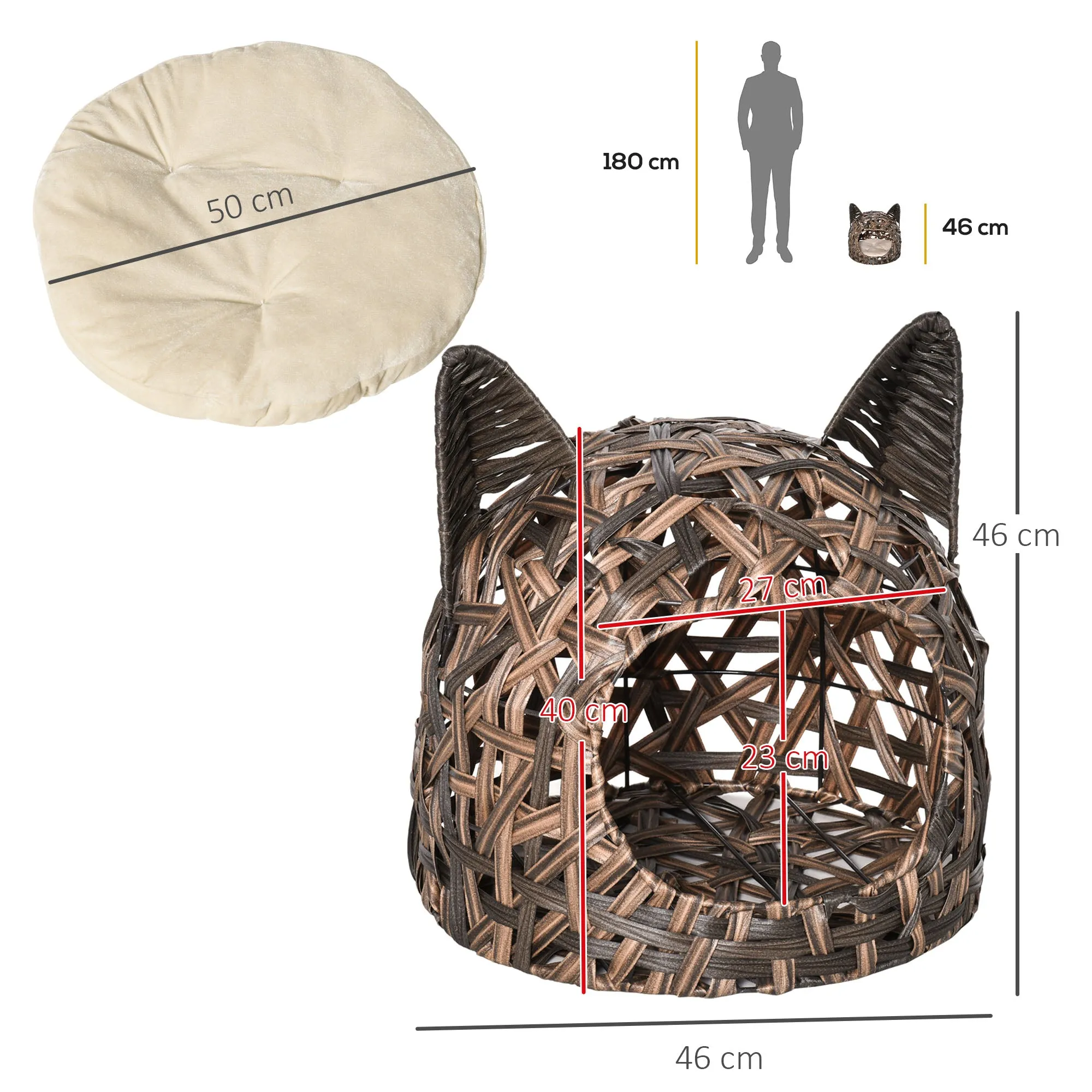 PawHut Wicker Cat Bed Elevated Rattan Kitten Basket Cozy Cave w/ Soft Cushion