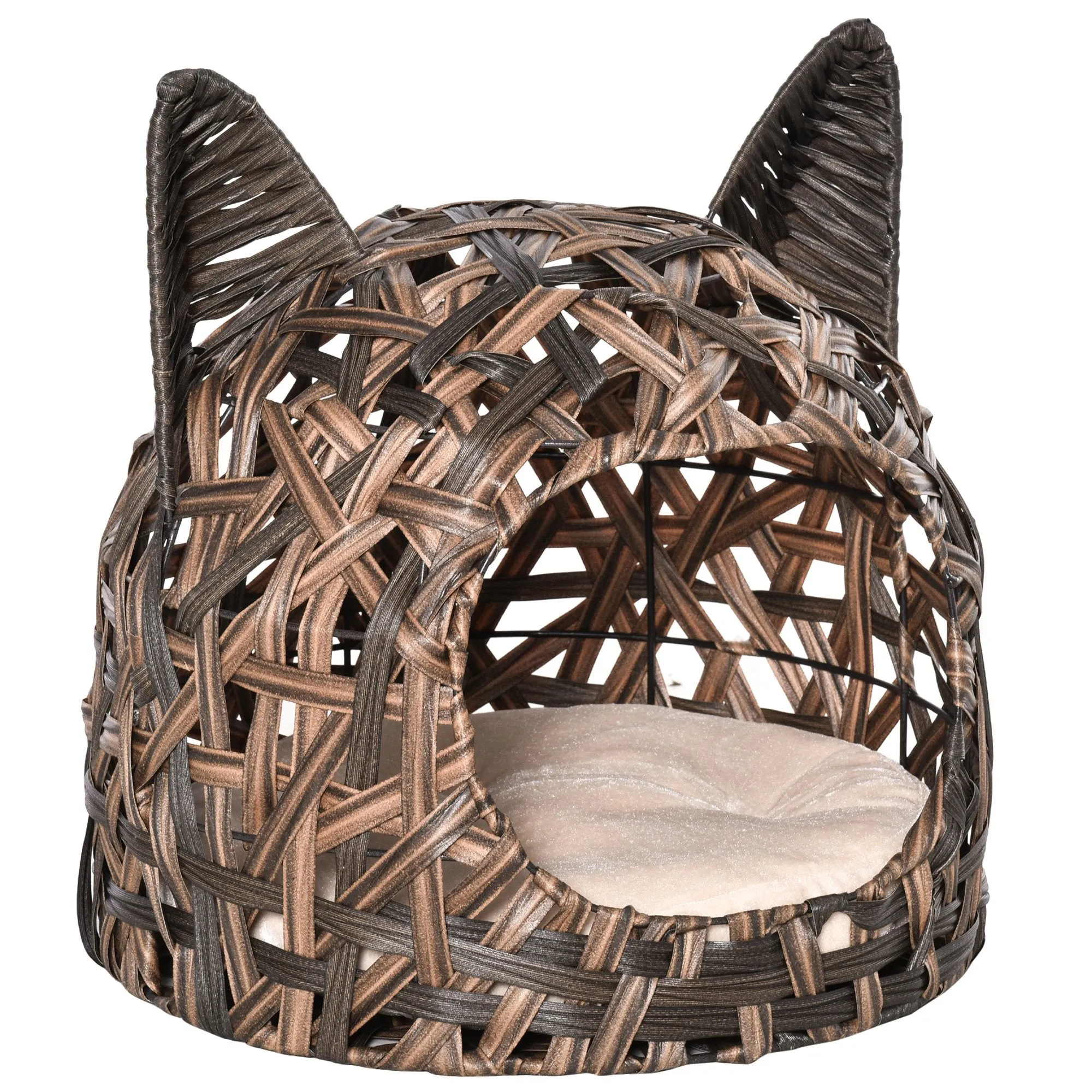 PawHut Wicker Cat Bed Elevated Rattan Kitten Basket Cozy Cave w/ Soft Cushion