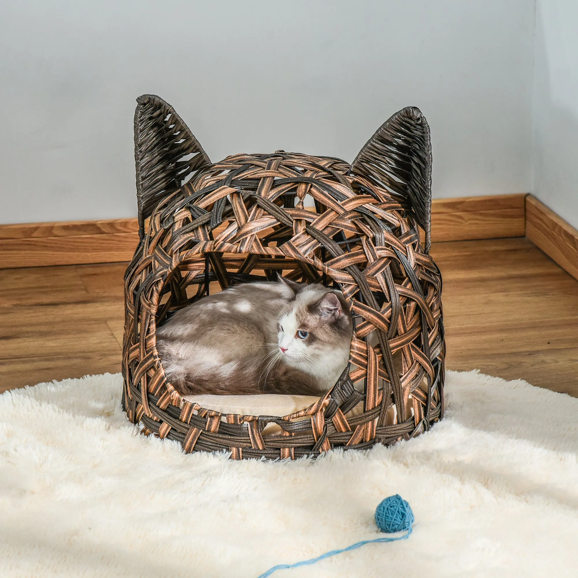 PawHut Wicker Cat Bed Elevated Rattan Kitten Basket Cozy Cave w/ Soft Cushion