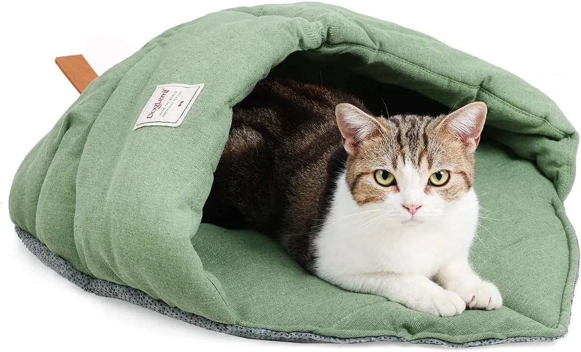 Pet Cat Sleeping Bag, Cute Cat Cave Bed Hideaway for Indoor Cats Washable Covered Cozy Soft Warming Durable Fabric Burrow Napper Pocket Nest Snuggle Sack for Puppy Kitten