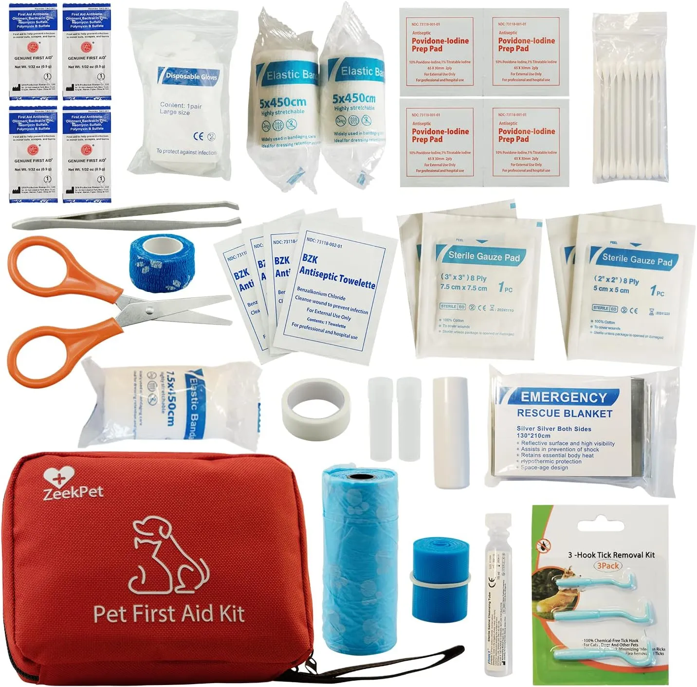 Pet First Aid Kit ZeekPet Medical Bag for Dogs and Cats Trauma Kit with Self Adhering Bandage, Styptic Pencil, Onitment, Pill Box, Emergency Blanket Perfect Survival Kit for Traveling with Your Pet