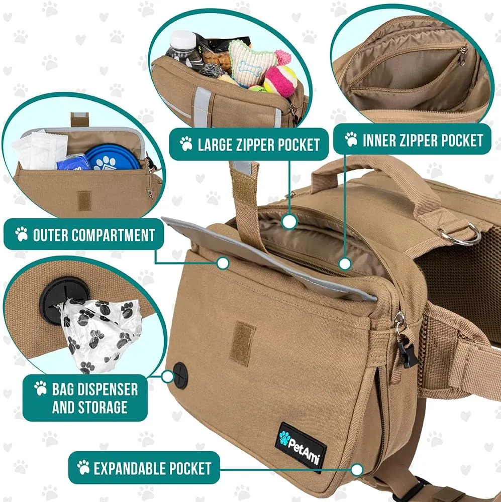 PetAmi Dog Backpack for Medium Large Dogs, Dog Saddle Bag for Dogs to Wear, Tactical Harness Saddlebag with Reflective Safety Side Pockets for Hiking, Camping, Vest Dog Pack for Travel (Tan, Medium)