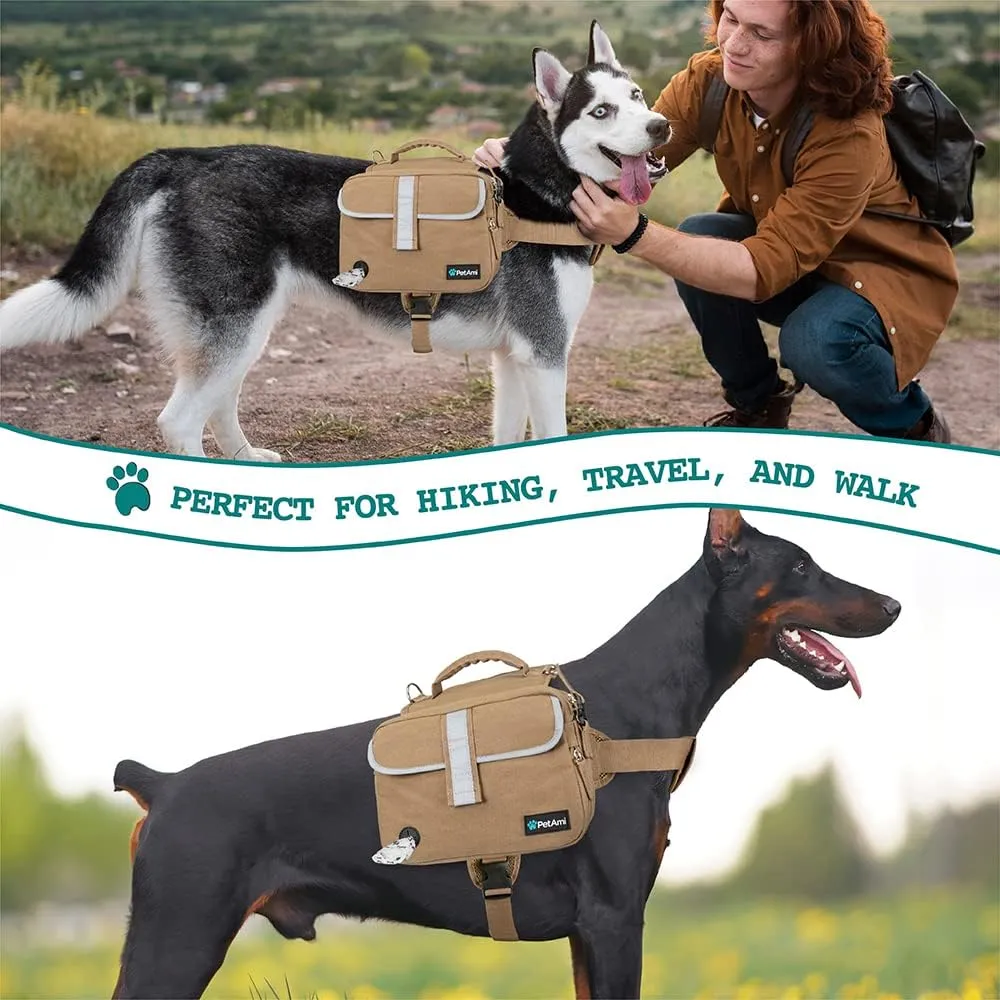 PetAmi Dog Backpack for Medium Large Dogs, Dog Saddle Bag for Dogs to Wear, Tactical Harness Saddlebag with Reflective Safety Side Pockets for Hiking, Camping, Vest Dog Pack for Travel (Tan, Medium)